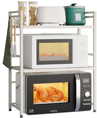 NETEL Soporte para microondas encimera Cocina Organizador hornos estanterías Almacenamiento Extensible microondas Soporte de 40 a 60 cm，con 8 Ganchos, Blanco 3 Niveles