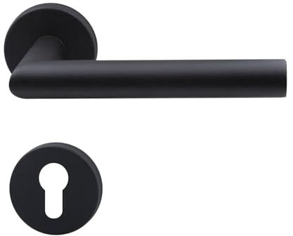 KARATINTL türklinke schwarz,Türgriffe Innentüren Schwarz matt,Rund-Rosette, L-Form, PZ - Profilzylinder, Schwarz matt für Zimmertüren DIN-Norm (Black-PZ Profilzylinder)