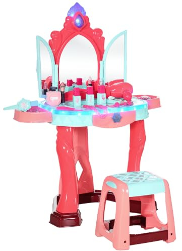 AIYAPLAY Tavolino Toeletta per Bambine, 57x34x76 cm, Blu Rosa e Rosso | Sgabello, Specchio, Luci, Accessori, Tavolo da Trucco, Makeup, PP, GPPS
