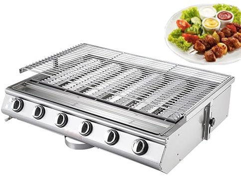CHANGLKJ Commercial Gas LPG Grill, Gas Flat Top BBQ Cooker with 6-Burner, Independent Temperature Control Design and Grill Height Adjustable, Durable and Portable, for Outdoor, Camping, Picnic
