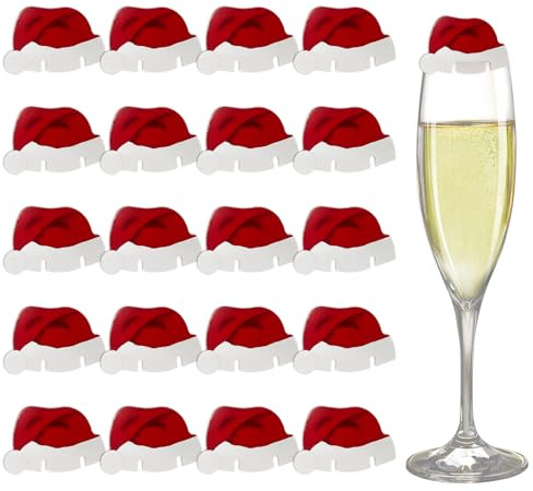 TUONYIS 20 Stück Weihnachtsmannmützen aus Papier Cup Kartenhalter Einsteckkarte Weihnachten Becher Karte Weihnachtstassenkarte Weihnachtsmütze Weihnachten MüTze Wein Glas Dekoration (Rot)