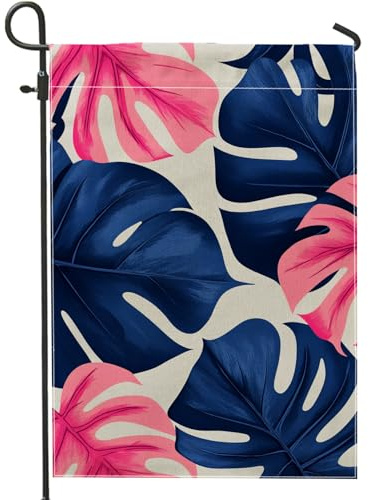 Drapeau de jardin à feuilles tropicales de monstera - Pêche et bleu marine - Décoration extérieure d'été pour fête sur la pelouse - Drapeau de cour double face pour décoration de vacances - 30,5 x