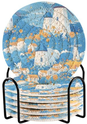 Juego de 6 posavasos absorbentes y soporte para mesa de comedor, diseño de molino de viento, color azul eléctrico