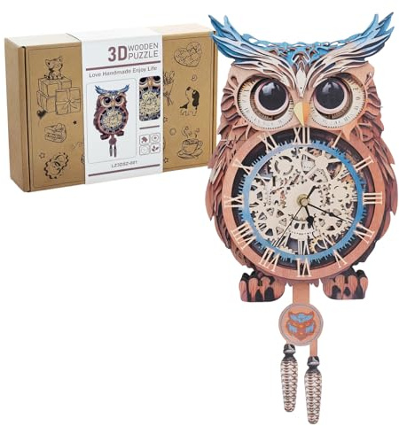 Reloj rompecabezas de búho 3D, kit de modelo de madera para adultos, reloj de pared con números romanos con movimiento silencioso, decoración creativa del hogar y regalo STEM para entusiastas del