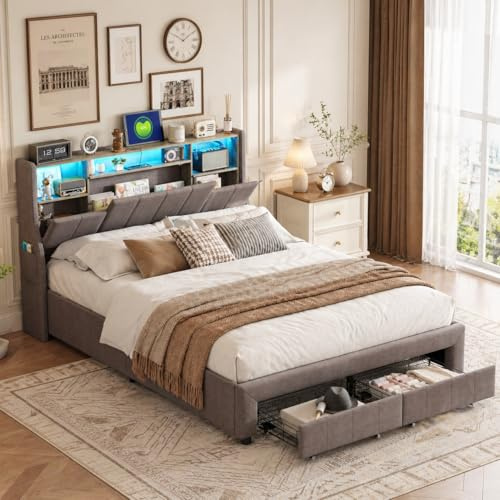 PerGar Bett 140x200, Polsterbett Doppelbett mit LED-Beleuchtung und USB Ladefunktion, Kopfteil mit Stauraum, Jugendbett Bettgestell mit 2 Schubladen und Lattenrost, Leinen, Grau, Ohne Matratze