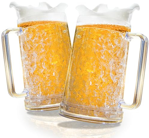 Granatan Frozen Beer Mugs (Set of 2), 16oz Double Wall Gel Freezer Cups with Handle, Acrylic Frosty Ice Stein for Cold Drinks, Break-Resistant Insulated Beer Mug for Dad, Men, Pool Parties & BBQ