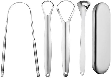 Vonmerie 4-in-1 Zungenreiniger Set aus Edelstahl – Hygienische Zungenschaber für Frischen Atem – Mit stylischer Aufbewahrungsbox (Silber) – Ideal für tägliche Mundpflege