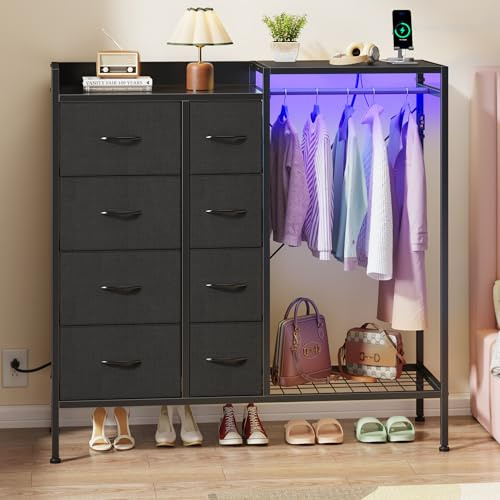 HIGDBFE Dresser with Hanging Rack, 8-Drawer Dresser for Bedroom with Charging Station & LED Lights, Kids Dressers with Shoe Rack, Chest of Drawers with Wooden Top for Bedroom, Kids Room, Black, 11.8D