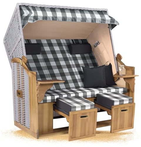 Strandkorb Hanse Ostsee XXL 2,5 Sitzer Volllieger Weiß 150cm breit, ideal für Garten, Terrasse und Balkon (Grau Weiß Kariert, Zerlegt)