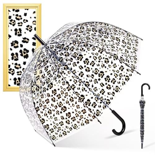 Supercap Clear Windproof Bubble Stick Umbrella, Auto Open Rainproof Transparent Umbrella for Adult Boys and Girls, Lightweight Wind and Rain Protection, Dome Canopy (leopard-print, 1pcs)
