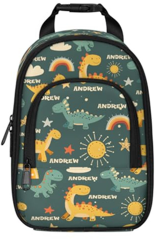RIRIXING Personalised Lunch Box for Boys & Girls - Insulated Lunch Bag for Kids, Leakproof School Lunch Bag with Portable Buckle, Thermal Food Packed Lunch Boxes, Dinosaur Text Green