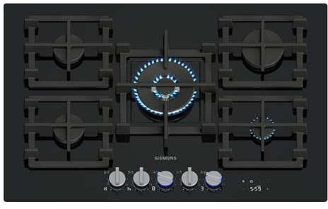 Siemens ER7A6RH40 iQ700 Piano cottura a gas, 75 cm, tecnologia stepFlame cookConnect, cappa automatica intelligente, display digitale, bavaglio in metallo rimovibile, vetro temperato, Home Connect