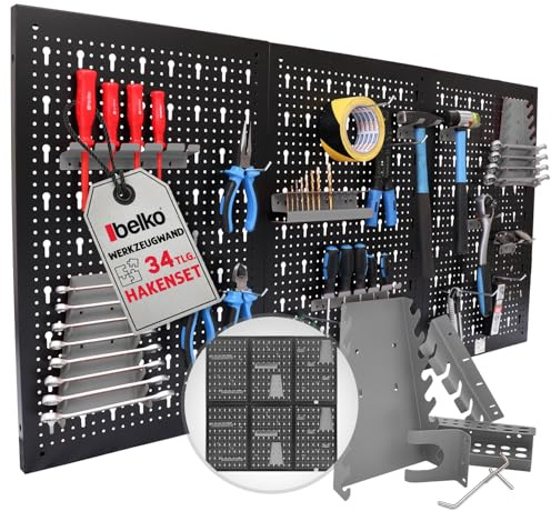 Belko Juego de 2 paneles de herramientas de color gris, 120 x 60 cm cada uno (combinable a 240 x 60 cm o 120 x 120 cm), incluye juego de 34 piezas de ganchos y estanterías, soporte organizador de