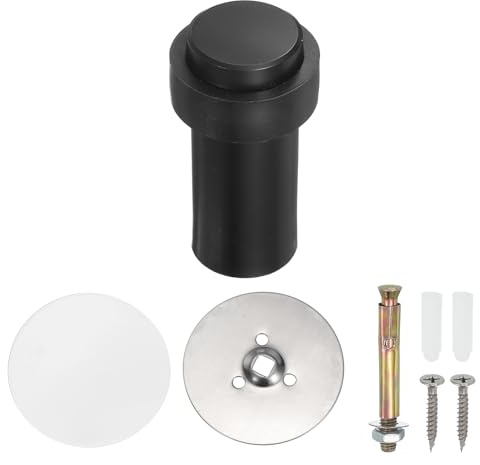 PATIKIL 1Set Round Door Stoppers, 80mm Stainless Steel Door Stop Doorstop Wedge Metal Cylinder Self Adhesive with Screw for Bottom of Door Floor Inside, Black