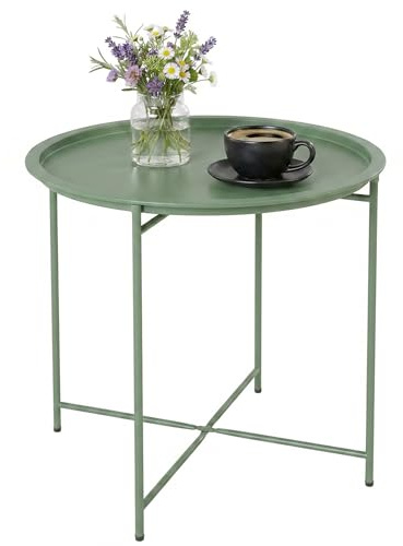 Outsunny Tavolino da Esterno Ø46 cm con Vassoio Rimovibile e Gambe Pieghevoli, Tavolo da Giardino Moderno Rotondo in Acciaio con Piedini Regolabili, Verde