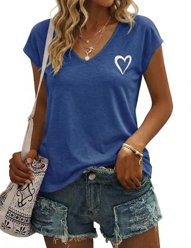 Gyabnw Tee Shirt Femme Col V Manches Courtes Imprimé Cœur