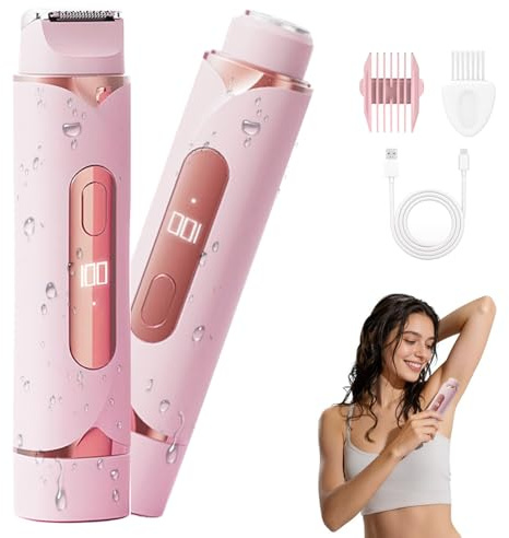 Bikini Trimmer Women, 2 in 1 Lady Shavers for Women Facial Hair Remover Rechargeable & Waterproof, Dual Head Electric Razor Womens Face Shaver for Pubic Hair Intimate Body Legs Underarm Lip