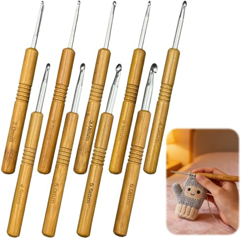 Häkelnadel Set Geeignet Zum Stricken Von Pullovern und Schals Braun 9PCS | häkelnadel set mit nagel bambus stricknadel knitting handgenähte leichte crochet hook für anfänger kinder für schal pollover