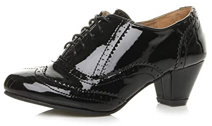 Ajvani Womens Ladies mid Block Heel Cut Out lace up Brogue Shoe Boots Booties, Black Patent Brogue, 6 UK