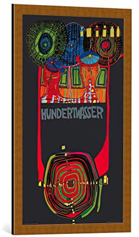 kunst für alle Bild mit Bilder-Rahmen: Friedensreich Hundertwasser Welttournee - dekorativer Kunstdruck, hochwertig gerahmt, 49x83 cm, Kupfer gebürstet
