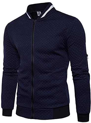 Veravant Sweat-Shirt Homme Manches Longues Pull Uni Zippé Bomber Blouson Veste Sport - Bleu Marine - X-Large