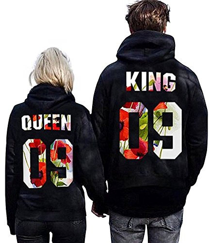 Minetom Paar Pärchen Pullover Set Hoodies Langarm Kapuzenpulli Sweatshirt Pullover Tops Bluse Queen King 09 Drucken Kapuzen Sweatshirt 2 Stücke 09 Schwarz (King/Queen) DE 38 (Damen)