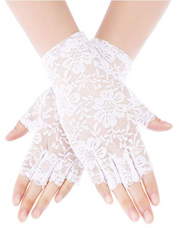 Skylety Lace Gloves for Women 1920s Sunblock Fingerless Bridal Short Floral Sunblock Gloves for Wedding Opera Tea Party(White,1 Pair)