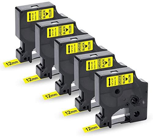 5x UniPlus Kompatibel für Dymo D1 45018 S0720580 als Ersatz für D1 12mm Etikettenband Schwarz auf Gelb für Dymo LabelManager 160 220P 280 360D 420P 500TS Labelpoint 250 150 LabelWriter 450 DUO
