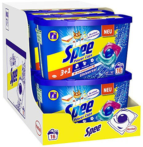 Spee Power Caps Universal 3+1, Vollwaschmittel, 128 (8 x 16) Waschladungen, Reinheit, Strahlkraft und Frische für deine Wäsche zum schlauen Preis, 20-95°