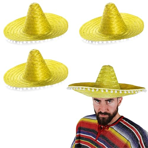 Cappello sombrero da sombrero messicano giallo con dettagli con pompon bianchi, accessorio per costume da Cinco De Mayo messicano (confezione da 24)