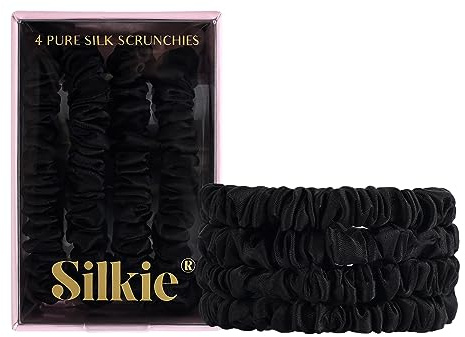 SILKIE x4 Set - Better than Satin - 100% Pure Mulberry Silk Black on Black Skinny Scrunchies Travel Pouch Everyday Hair Ties Elastics Hair Care Ponytail Holder No Damage (Noir)