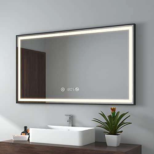 EMKE Badspiegel mit Beleuchtung 120x70cm, schwarzer Badezimmerspiegel mit Touch, Dimmbar, Antibeschlag, Uhr, Memory-Funktion und Neutrales Licht 4300K, energiesparend Wandspiegel IP44