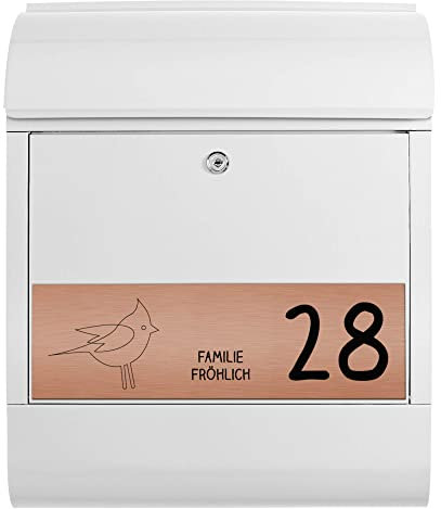 banjado® Briefkasten personalisiert mit graviertem Namensschild in Kupfer/Briefkasten weiß 39x47x14cm / Briefkasten mit Hausnummer, Namen & Motiv Vogel/Briefkasten mit Zeitungsfach
