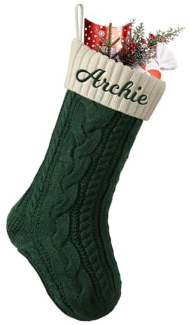 Weihnachtsstrumpf Personalisiert Name 46cm große gestrickte Christmas Stockings Nikolausstrumpf hängende Familie Weihnachtsstrümpfe für Party Weihnachten Deko, Grün (Körper) / Elfenbeinweiß (Mund)