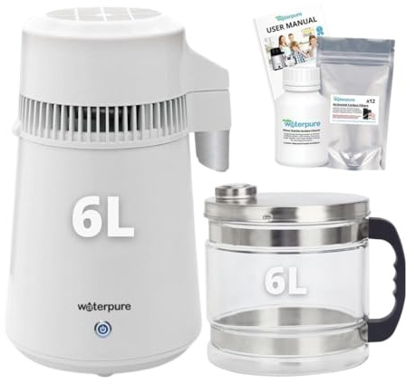 Water Pure 6 Litre White Water Distiller, 6 Litre Glass Jug, 3 Years Filters Free, 200g Residue Cleaner Free. Largest and Fastest Water Distiller Machine