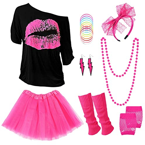 Ficlwigkis 80er Jahre Kostüm Damen Set, Rosa Retro Outfit, Rote Lippen T-Shirt mit Halskette Haarband Ohrringe Beinschützer Netzhandschuhe Armband Tutu, für Rave-Partys (Cosplay 1, XXL)