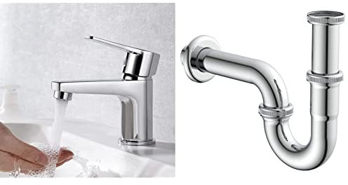 Ibergrif M11057 Wasserhahn Bad-Mischbatterie, Silber & KIRCHHOFF 98801110 Röhrensiphon Siphon, Abfluss, Ablaufgarnitur für Waschbecken und Waschtisch, 6 Stück