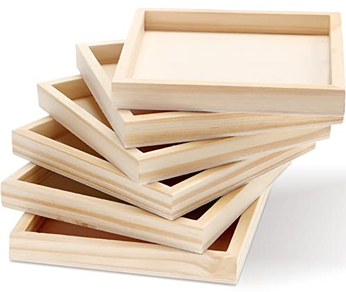 VANZACK 12 x 12 cm große Holztabletts, 6 quadratische Servierboxen – unlackiertes kleines Serviertablett aus Holz für Montessori-Materialien, Basteln zum Bemalen von Holzpaletten
