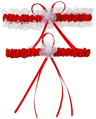Duories 1 par strumpband, bröllopsbrud-spetsstrumpband, lårdekoration, strumpeband med spetsslinga och filigran strass, passar en låromkrets på 35–60 cm, röd
