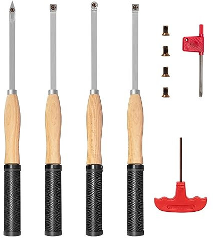 DEEFIINE Kit di utensili per tornitura per tornio in legno con punta in carburo da 46,5 cm (4 pezzi), strumento per sgrossatura e finitura con inserti in carburo rotondi quadrati diamantati