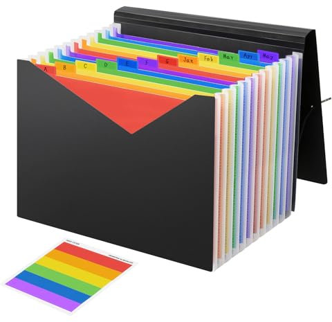 Accordion Expanding File Organiser,File Wallet with Colour Labels,13 Pockets Portable Filing Box Desktop Colored Folders Paper Document Paperwork Receipt Organisers A4 and Letter Size