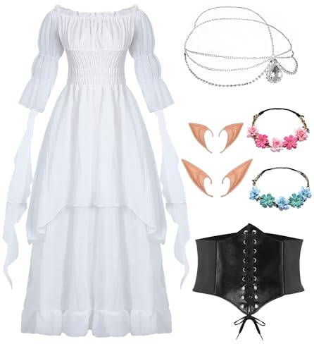 Abito gotico vittoriano, da donna, medievale, costume rinascimentale, abito da sera, vintage, bianco, per carnevale, Halloween, con orecchie da elfo, per capelli, calzini, corsetto VL029L