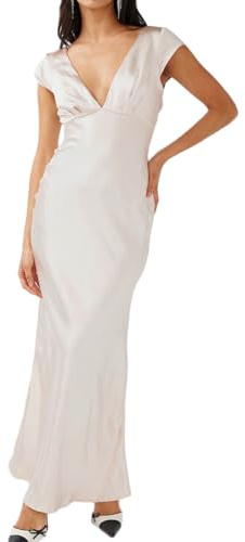 Halfisland Womens Summer Satin V Neck Cap Sleeve Backless Maxi Dress Elegant Twist Cut Out Midi Dresses Wedding Guest Champagne