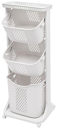 Panier à linge à roulettes à 3 compartiments – Chariot de rangement rectangulaire en plastique pour vêtements et jouets – Boîte de collection de magasins modernes, beige, blanc, 43 x 33 x 109 cm