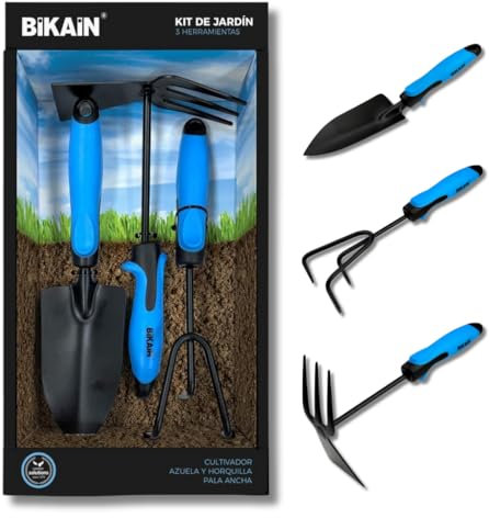 BIKAIN - Kit da giardinaggio - 3 attrezzi - Include pala larga, lancia+forchetta e coltivatore - Maniglie ergonomiche e antiscivolo - Strumento in acciaio