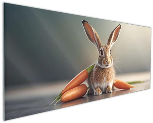 Wallario Küchenrückwand aus Glas 125 x 50 cm, Motiv: Flauschiger Hase mit Möhren | Spritzschutz abwischbar & pflegeleicht