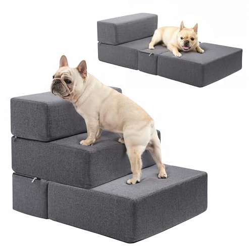 BNCKTRD Schaumstoff 3 Stufen Hundetreppen für Kleine Hunde 45cm Hoch, Hunderampen für ältere Katzen, Extra Breite Klappbare Hunde Treppehaustiertreppe für Bett/Couch mit Rutschfester Unterseite, Grau