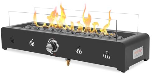 Onlyfire Hoguera de mesa rectangular a gas, calentador de gas para exteriores de 6.5KW con rocas de lava y protector contra el viento de vidrio, hoguera de propano para patio, jardín trasero y