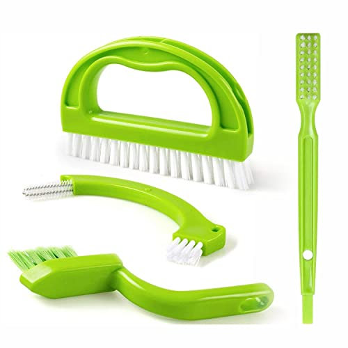 HOCHSTE 4 in-1 Grout Brush Tile Cleaning Tool | Kitchen & Bathroom Cleaning Brush Scrubbing Brush Cleaner with Stiff Angled Bristles to Easily Clean Joints and Grooves, Cleaning Brushes Green 4 Pieces