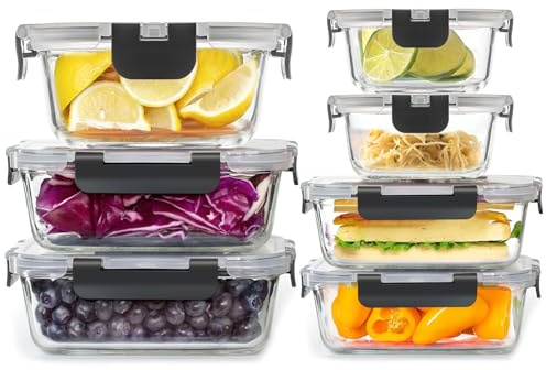 KOOSREEL Glass Container Food Storage with Lids, 7 Pack Meal Prep Containers Set, Airtight Lunch Containers, Leak Proof, BPA Free Glass Lunch Bento Boxes for Microwave, Oven, Freezer and Dishwasher